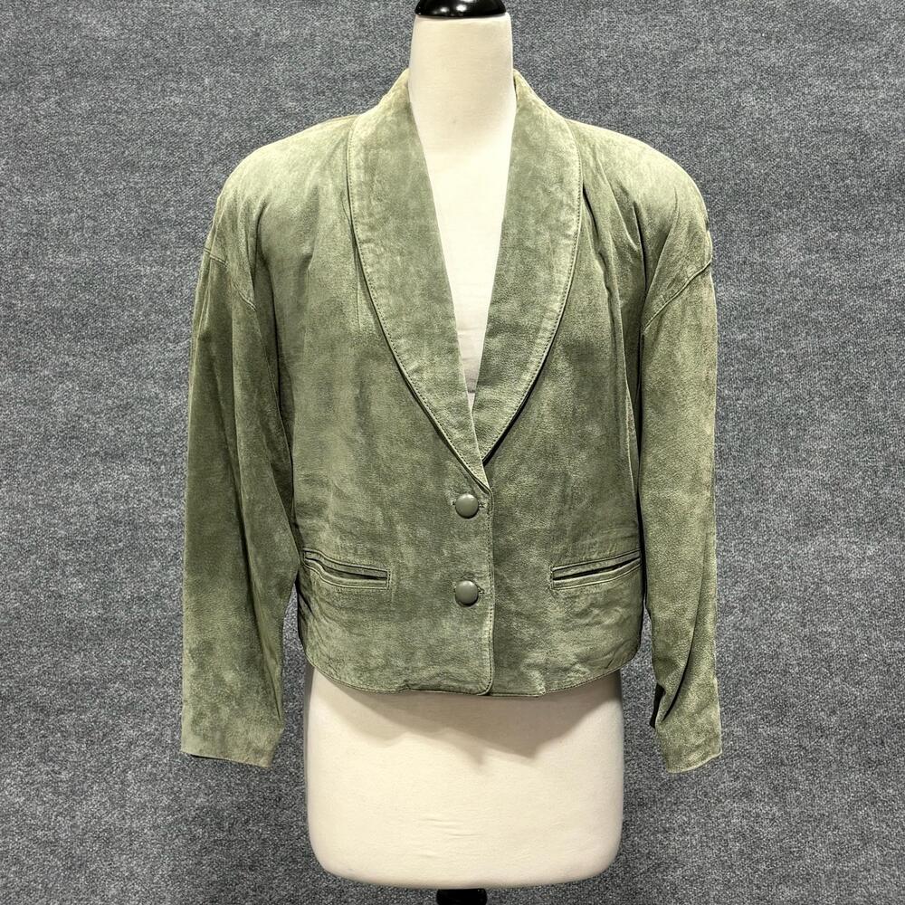 Evan Davies Jacket Womens 14 Green Suede Cropped Blazer Button Front Lined